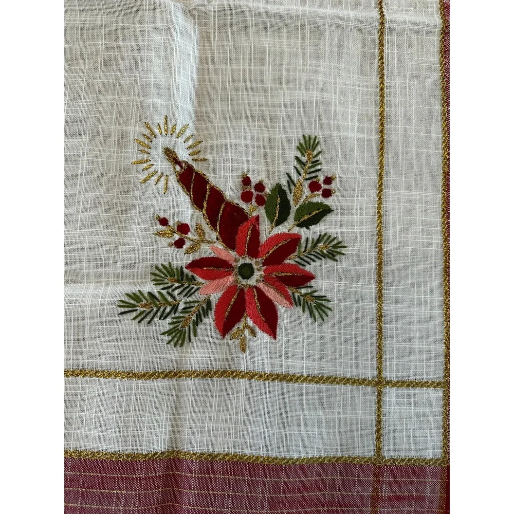 Vintage Christmas Poinsettia Embroidered Square Tablecloth Red Gold Metallic 33